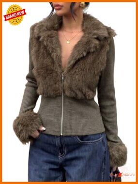 Faux Fur Collar Zip Up Slim Fit Knit Jacket Winter Outwear